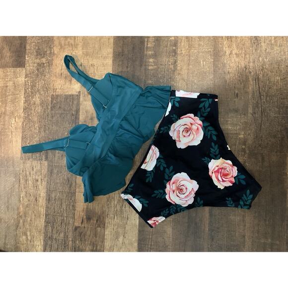 CUPSHE Teal Roses Women’s Size 0X Two Piece‎ Swimsuit NWT Beach Summer - Picture 4 of 13